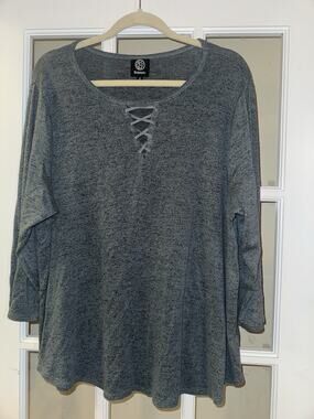 Bobeau 1X Gray Lace-Up Neck Knit Top Soft Stretch 3/4 Sleeve Plus Size Women